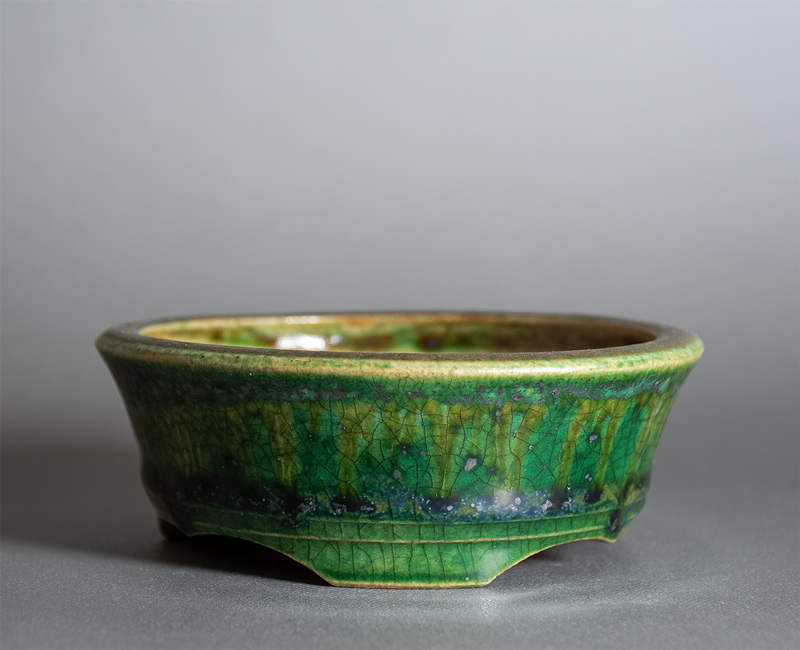 織部釉丸盆栽鉢（Oribe glaze bonsai pot）p1455-2・Syoko Kunii bonsai pot of Best Selection｜國井正子盆栽鉢作家のベストセレクション