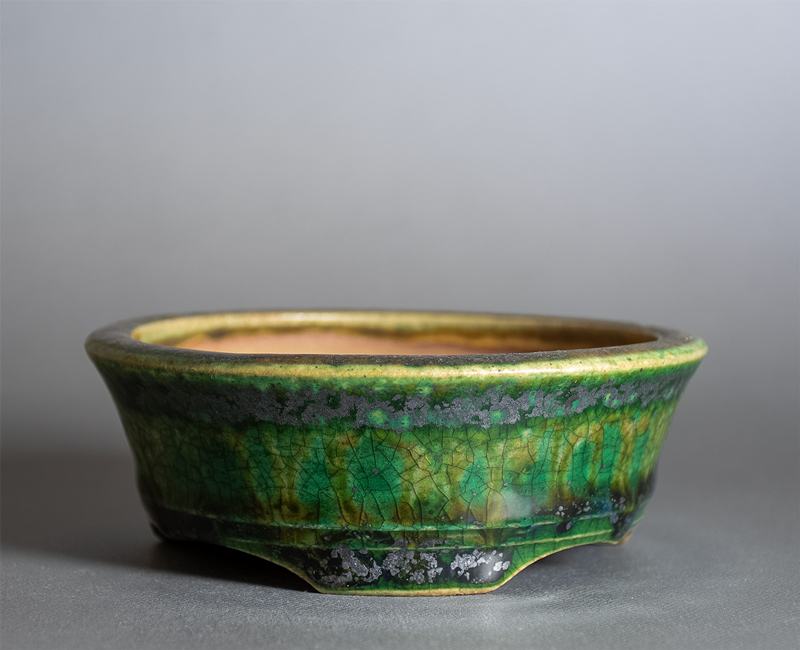 織部釉丸盆栽鉢（Oribe glaze bonsai pot）p1455-3・Syoko Kunii bonsai pot of Best Selection｜國井正子盆栽鉢作家のベストセレクション