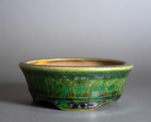 織部釉丸盆栽鉢 p1455 Oribe glaze bonsai pot