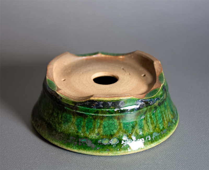 織部釉丸盆栽鉢（Oribe glaze bonsai pot）p1455-4・Syoko Kunii bonsai pot of Best Selection｜國井正子盆栽鉢作家のベストセレクション