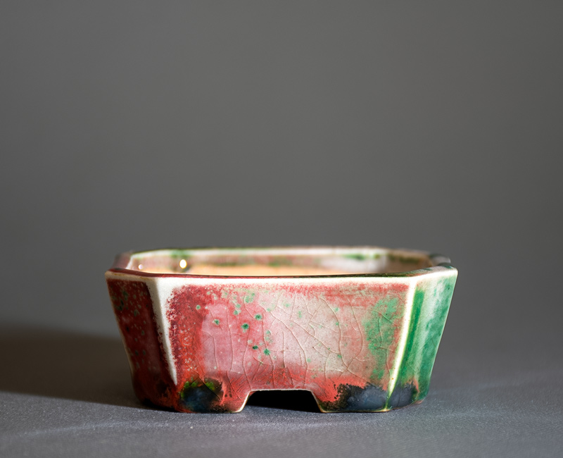 織部釉長方盆栽鉢（Oribe glaze bonsai pot）p1295｜國井正子盆栽鉢