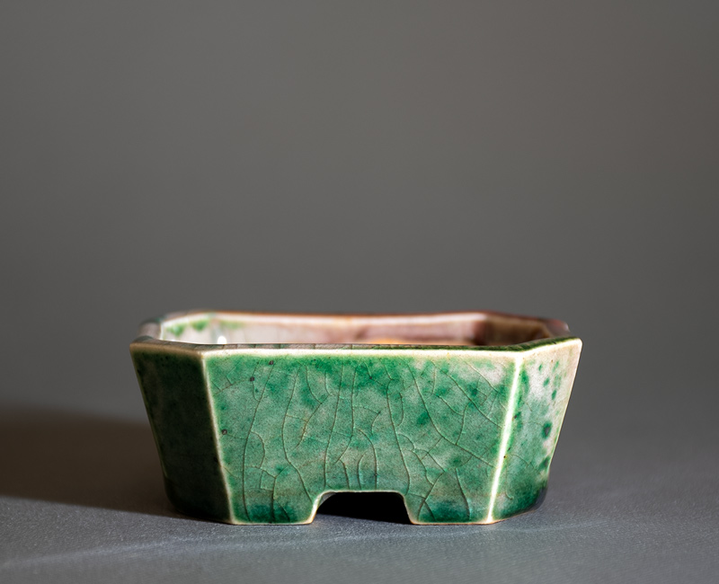 織部釉長方盆栽鉢（Oribe glaze bonsai pot）p1295｜國井正子盆栽鉢 
